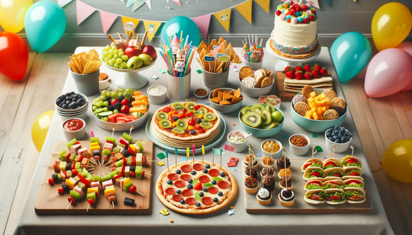 Healthy and fun party food selection including fruit skewers and snacks for a kids' birthday catered by Captain Joe