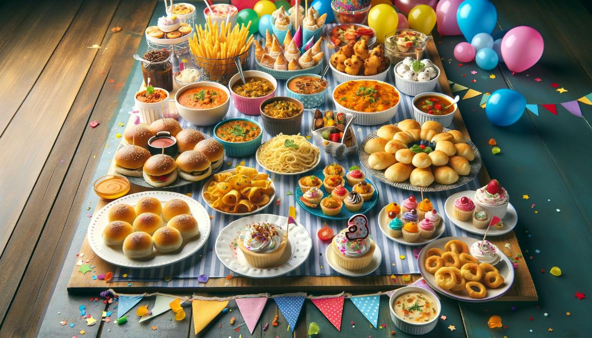 A selection of Captain Joe's top dishes for kids' birthday parties featuring savory burgers, pasta, and sweet cupcakes