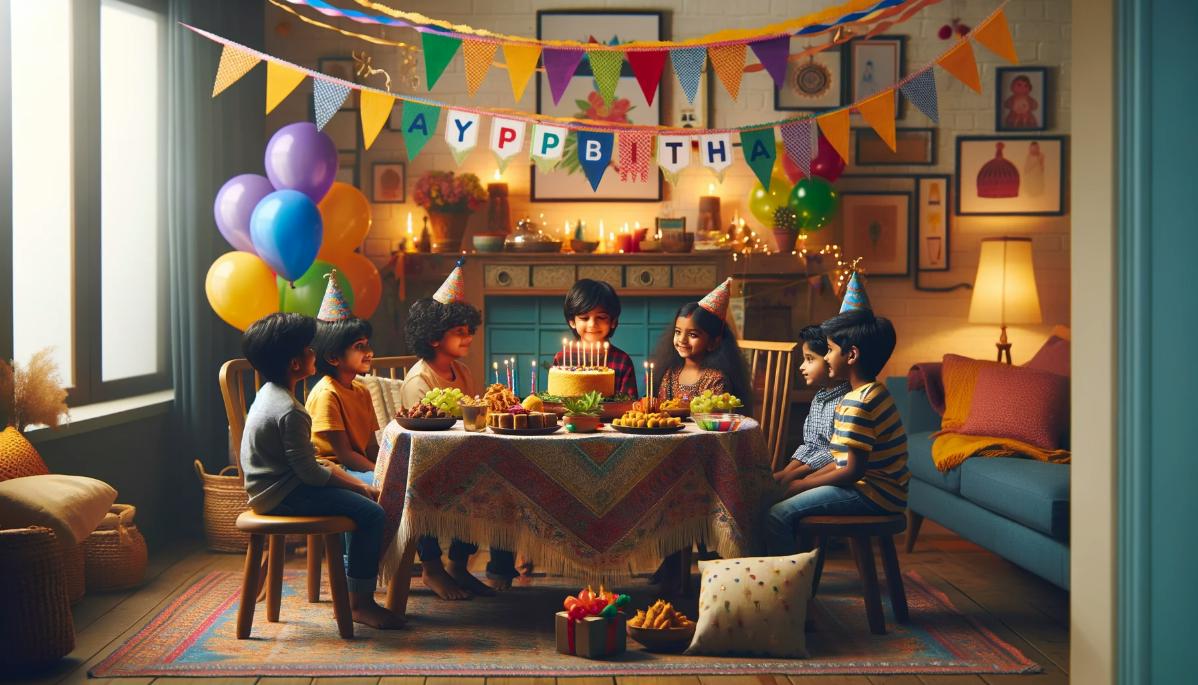 Intimate home birthday party for kids with a cozy table setting and festive snacks catered by Captain Joe